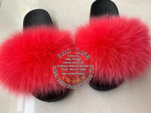 BLFNGE Normal Fur Peach Red Fox Fur Slippers Slides