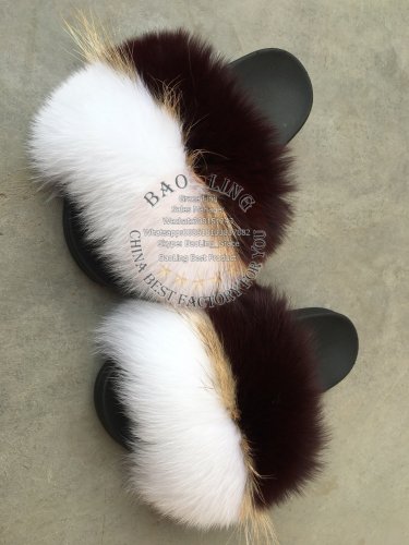 BLFRWRW Wine Red White Raccoon Fox Fur Slippers