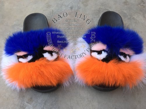 BLFM11 White Blue Orange Monster Fox Fur Slides