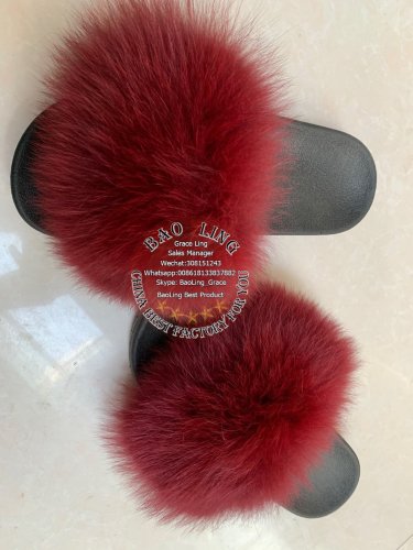 BLFSCWR Wine Red Fox Fur Slippers