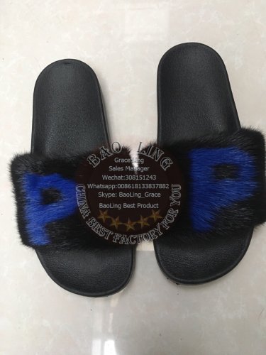 BLM Customized Letter Blue P Mink Certified Fur Slippers