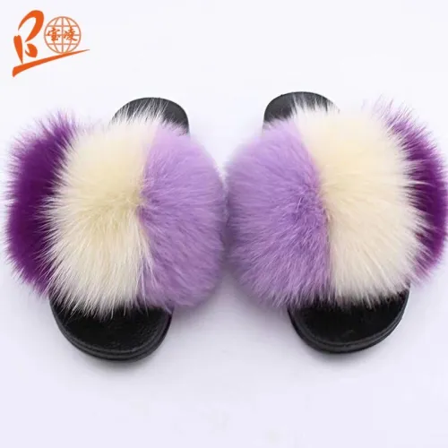 BLFTSC Three Splat Different Color Fox Fur Slippers