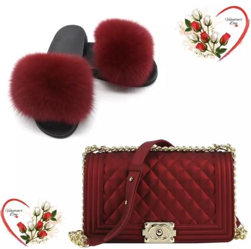 BLSB30 Fox Fur Slides Slippers with handbag Purse One Set