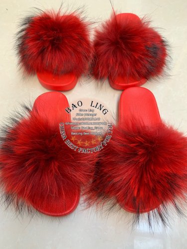 BLRR1 Red Raccoon Fur Slippers Red Slide