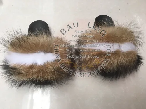 BLRB Biggest White Natural Raccoon Fox Raccoon Fur Slippers