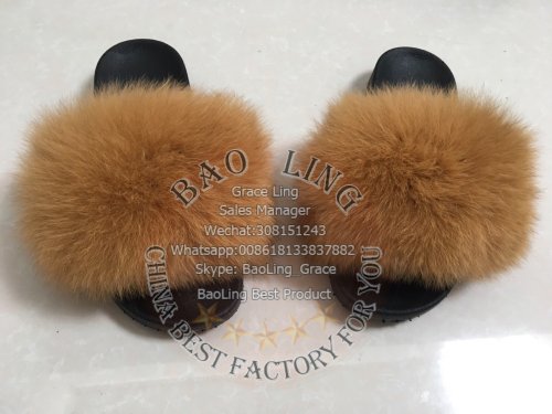 BLFSCC01 Camel Coffee Color Fox Fur Slippers