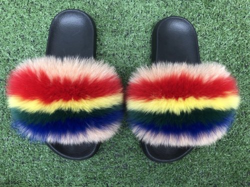 BLFR Fashion New Design Rainbow Colorful Fox Fur Slippers Slides