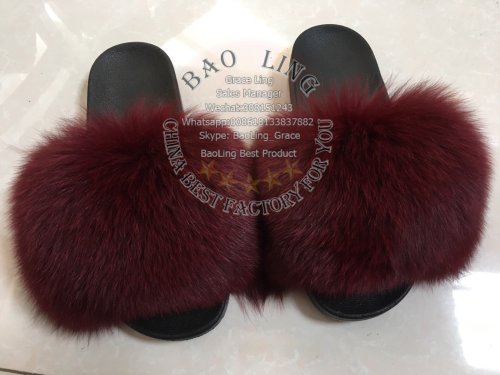 BLFBWR Wine Red Biggest Fox Fur Slides