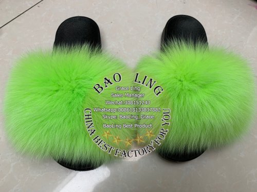 BLFBNG Biggest Neon Green Lime Fox Fur Slides Slippers