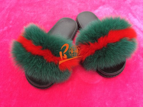BLFGR GREEN THIN RED Fox Fur Slippers