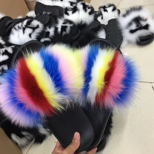 BLFRC02 Rainbow Colorful Splat Fox Fur Slippers