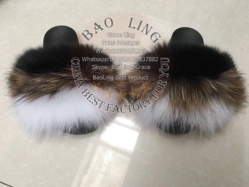BLRBWBR Biggest White Black Fox Raccoon Fur Slippers