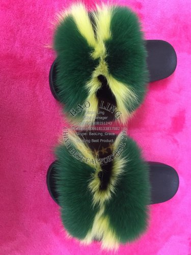 BLFBGYB Jamaica Green Yellow Black Biggest Fox Fur Slides Slippers