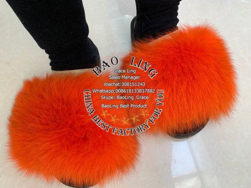 BLFBO Orange Biggest Fox Fur Slides