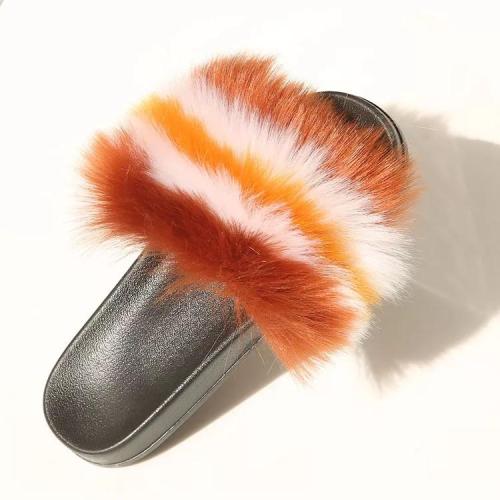 BLFAUXBWO Brown White Orange Faux Fur Slides Slippers