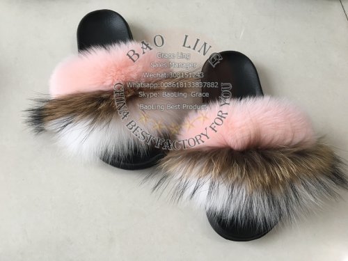 BLFRPW Pink White Fox Raccoon Fur Slippers