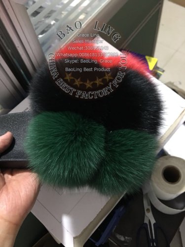 BLFPGBR Green Black Res Fox Fur Ball Pompom Fox Fur Slippers
