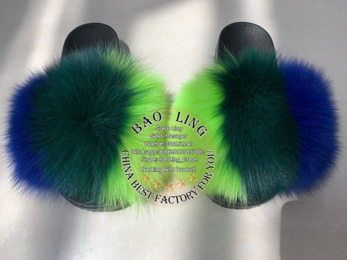 BLFBLGBG Biggest Lime Green Blue Green Fox Fur Slides Slippers
