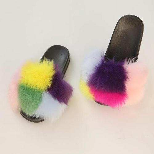 BLFAUXR Rainbow Colorful Square Faux Fur Slides Slippers