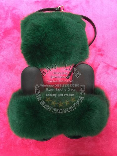 BLFSDG One Set Deep Green Biggest Fox Fur Slides and Fanny Packs