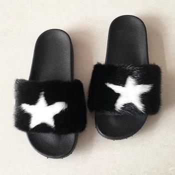 BLMBW Black White Stars Customized Mink Fur Slides Slippers