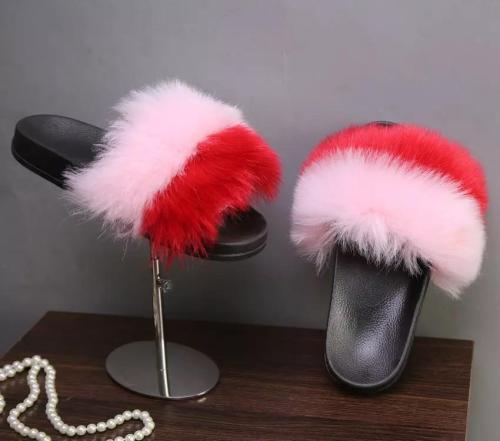 BLFAUXPR Pink Red Horizontal Faux Fur Slides Slippers