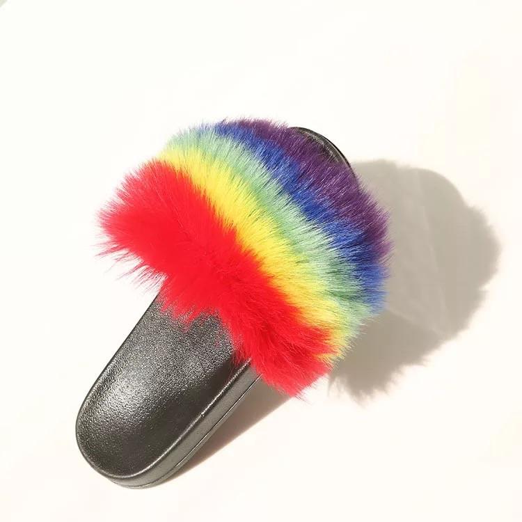 rainbow faux fur slides