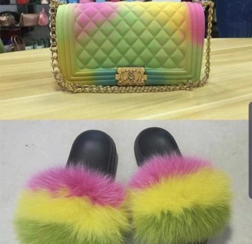 BLSB10 One set Fur Slides Slippers Purse Handbags