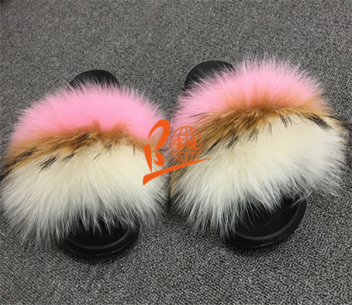 BLFRPB Pink Beige Fox Raccoon Fur Slippers