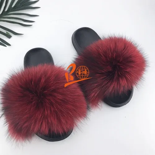 BLRDR Dark Red Raccoon Fur Slippers