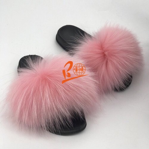 BLRRBP Red Bean Pink Raccoon Fur Slippers