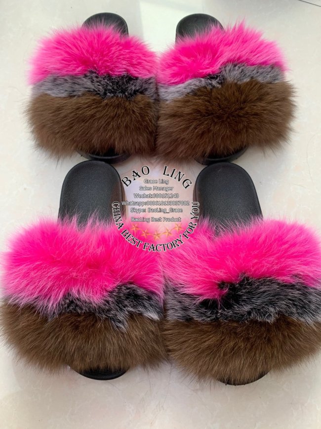 BLFBBBHP Biggest Brown Black Hot Pink Fox Fur Slides