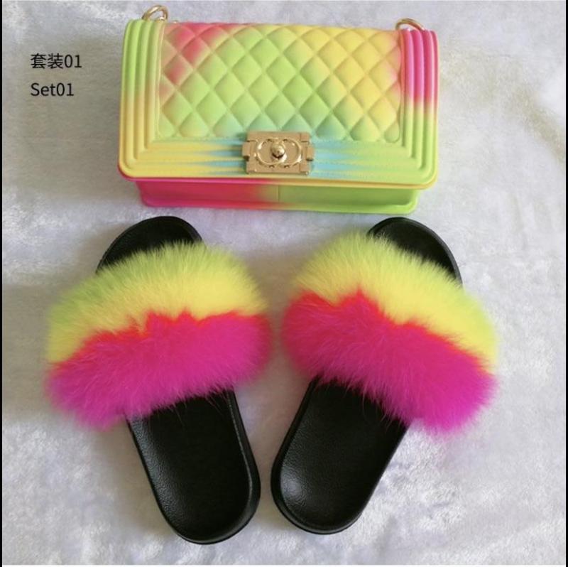 BLSB28 Fox Fur Slides Slippers with handbag Purse One Set
