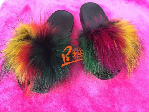 BLRC Rainbow Multiple Color Splat Colorful Raccoon Fur Slippers