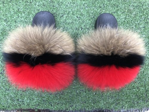 BLFRBN Fashion New Design Red Black Natural Raccoon Fur Slippers Slides