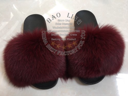 BLFBWR Wine Red Biggest Fox Fur Slides