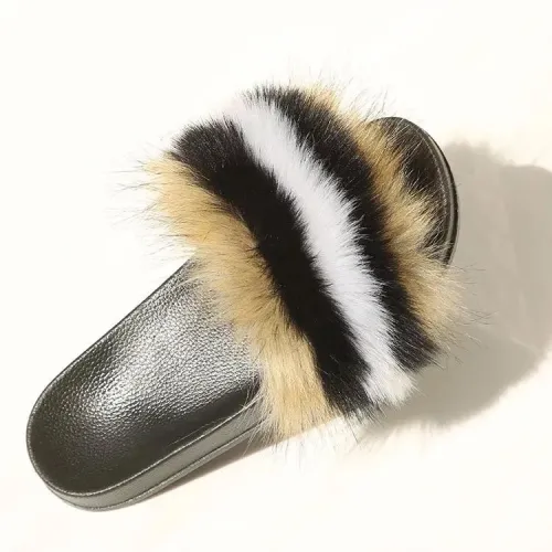 BLFAUXBBW Brown Black White Faux Fur Slides Slippers
