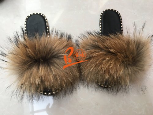 BLRN Natural Raccoon Fur Slippers
