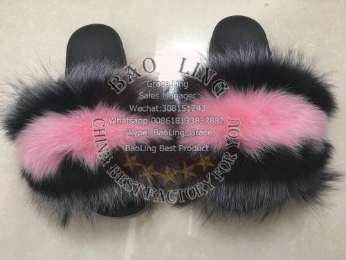 BLFRSBP Silver Black Pink Raccoon Fox Fur Slippers