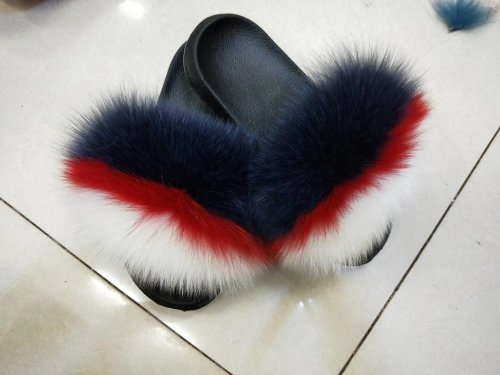 BLFDBRW Dark Blue Red White Fox Fur Slippers