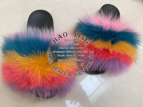 BLFBC Rainbow Horizontal Colorful Fur Slides Slippers