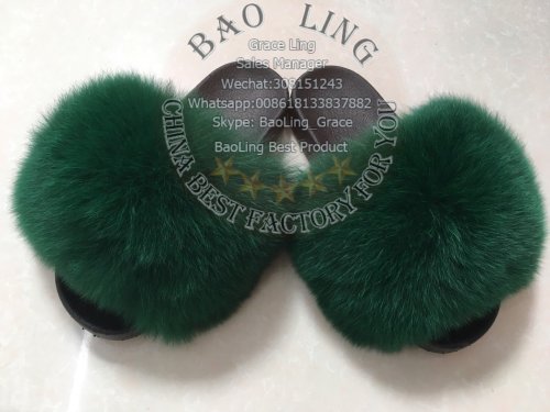BLFBDG Biggest Deep Green Fox Fur Slides