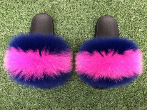 BLFBF Fashion New Design Blue Fuchsia Fox Fur Slippers Slides