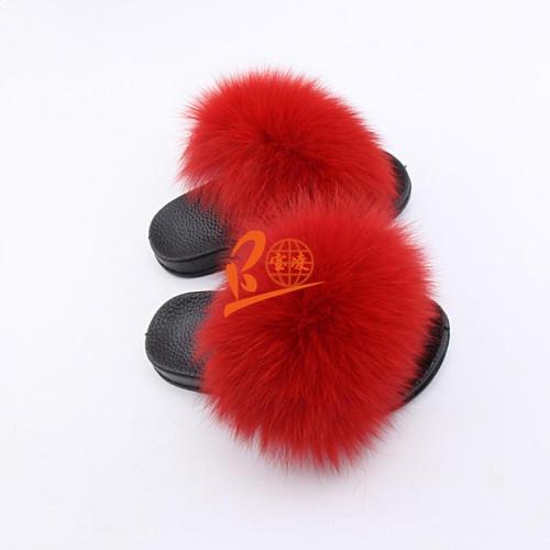BLK07 Red or Customized Color Black Sole Kids Fox Fur Slippers