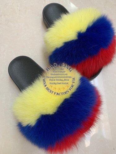 BLFBYBR Yellow Blue Red Fur Slides Slippers