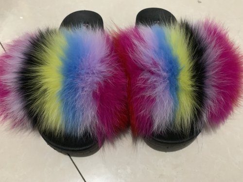 BLTFR Rainbow Colorful Fox Fur Slides Slippers