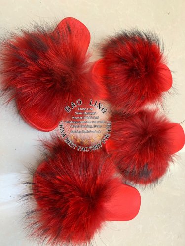 BLRR1 Red Raccoon Fur Slippers Red Slide