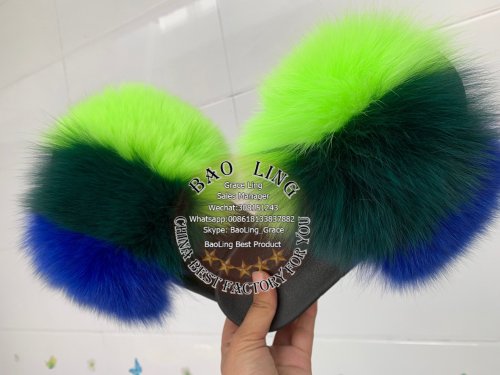 BLFBLGBG Biggest Lime Green Blue Green Fox Fur Slides Slippers