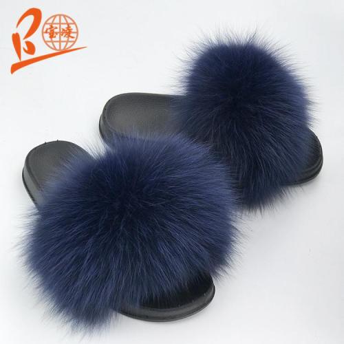 BLFSCDB Dark Blue Fox Fur Slippers