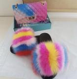 BLSB008 Fox Fur Slides Slippers with handbag Purse One Set